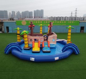 T6-607 Parc aquatique mobile sur le thème des pirates Piscine gonflable avec toboggan, idéal pour les fêtes d'enfants